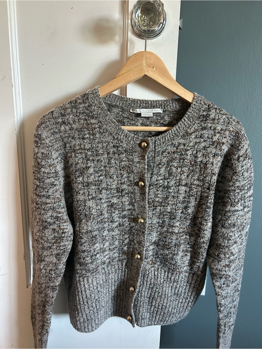 Stella McCartney Wool Blend Button-Front Cardigan, Gray & Brown, size Large